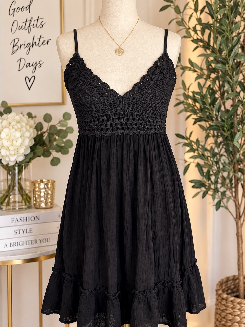 Lush Black Crochet Spaghetti-Strap Mini Dress